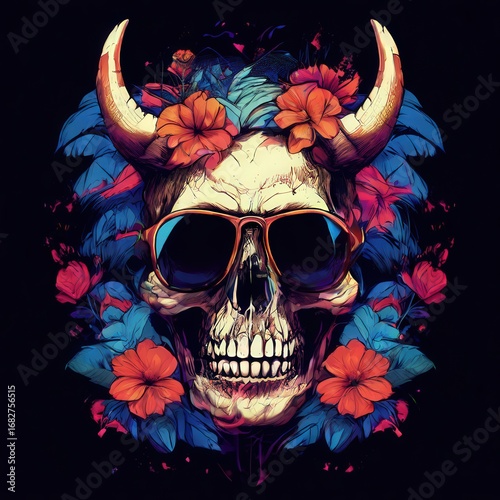 an AI Image Generator, Colorful Skull with Horns Surrounded by Flowers and Sunglasses