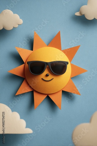 smiling sun with triangular rays in shades of yellow and orange, filling the center of the composition