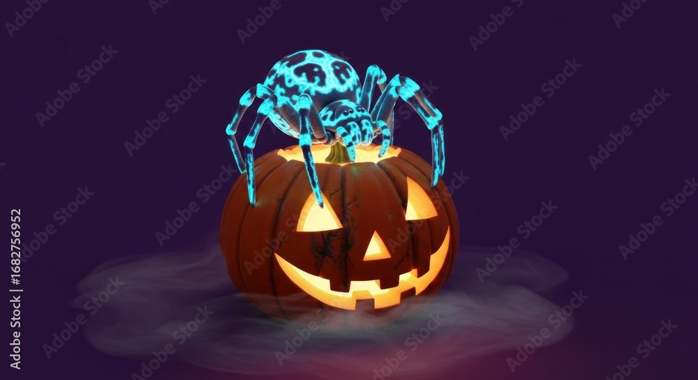 Fototapeta premium Glowing spider sits atop a jacko'lantern in spooky halloween scene