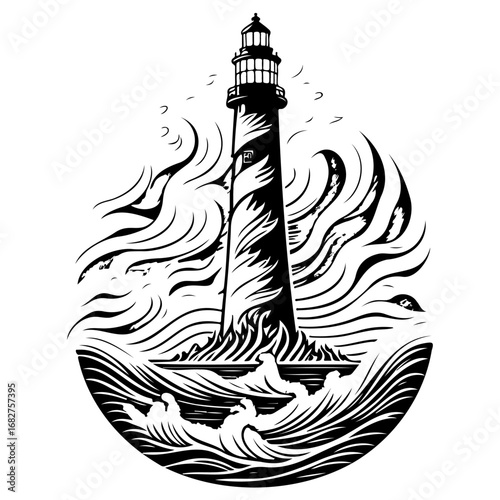 Striking lighthouse illustration amidst tumultuous waters, symbolizing resilience against nature's