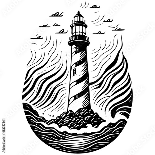 Striking lighthouse illustration showcasing maritime guidance amidst stormy waters highlighting