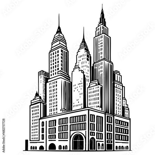 Striking monochrome cityscape illustration showcasing detailed towering skyscrapers evoking urban