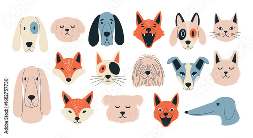 A vibrant collection of cartoon animal faces, featuring various breeds of dogs and cats with distinct expressions and colors, showcasing a playful and charming style.