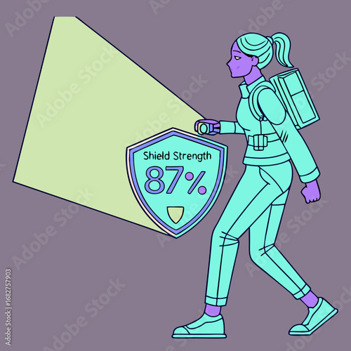 Female adventurer in a cyan spacesuit with a backpack and a glowing digital shield.