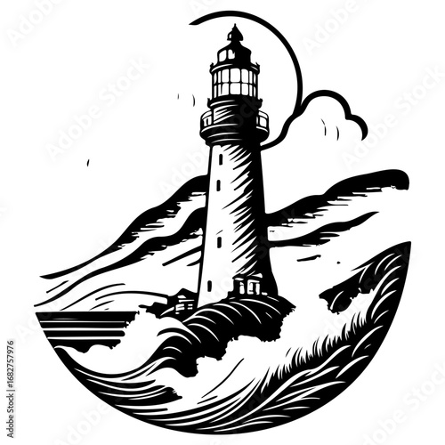 Striking monochrome lighthouse illustration guiding ships through rough seas with stylized