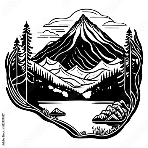 Striking mountain landscape illustration with tall conifers and placid lake evokes serenity and