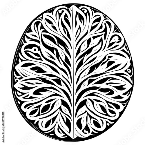 Stylized arboreal illustration within ovoid frame showing symmetrical branch patterns creating