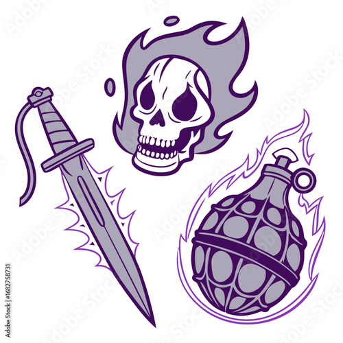 Fiery Skull Dagger and Grenade A Trio of Intense Stylized Illustrations.