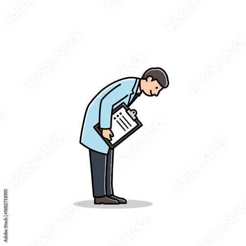 Cartoon Doctor Bowing with Clipboard in Hand Wearing a Light Blue Coat.
