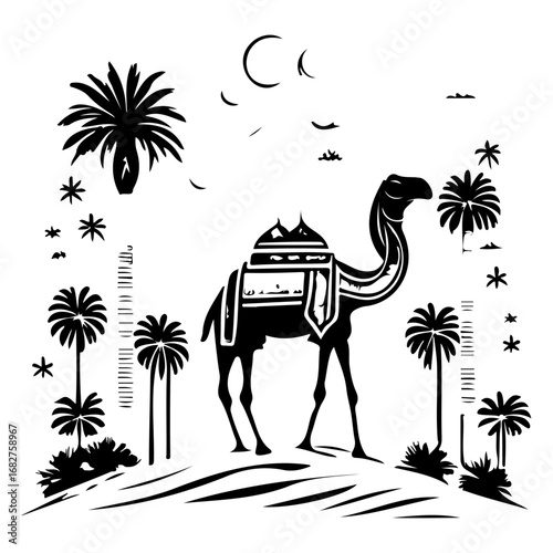 Stylized black and white illustration of a camel in a desert landscape showcasing minimalistic charm
