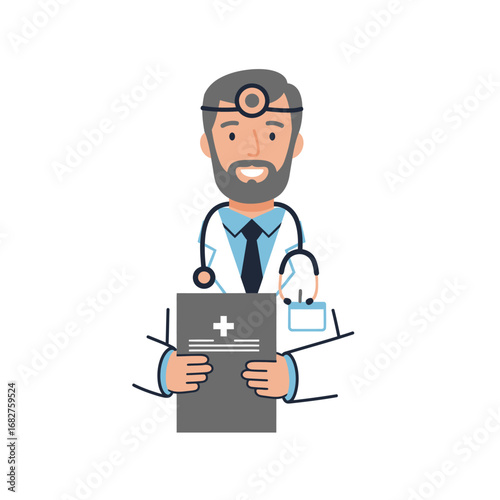 Cartoon Doctor with Head Mirror Stethoscope and Medical Chart.