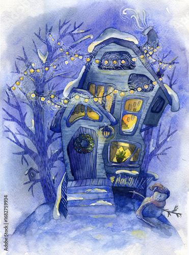  Watercolor illustration of a cozy winter house and a snowman. The picture is hand-drawn.