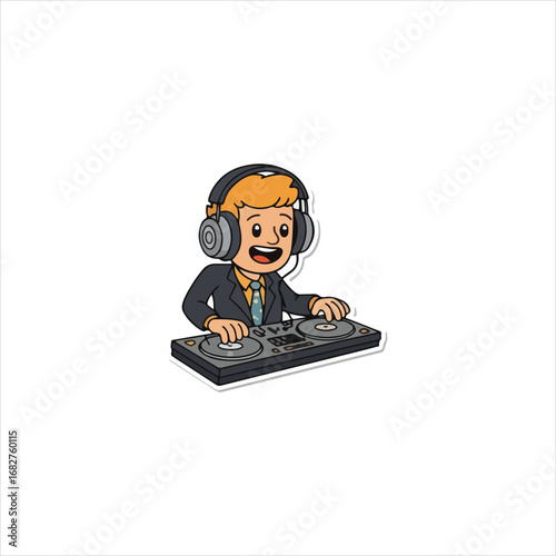 Cartoon DJ character with headphones and mixing console, performing music.