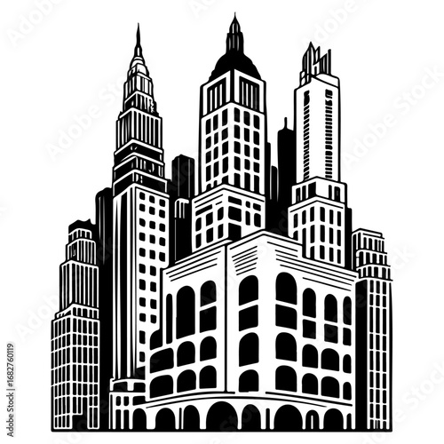 Stylized cityscape depiction showcasing iconic high rise architecture emphasizing urban landscape