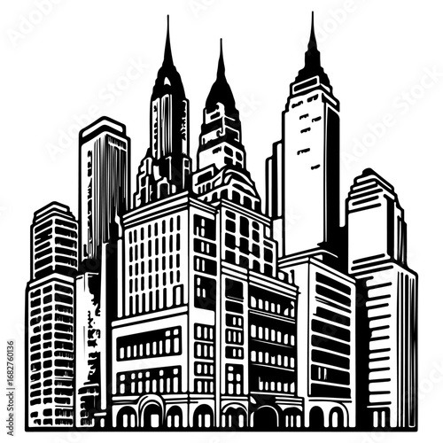 Stylized cityscape drawing featuring tall buildings with ornate spires evoking urban architecture