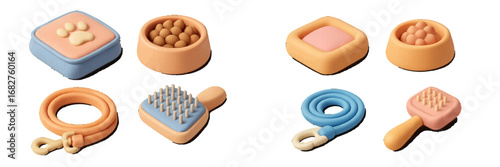 Stylized pet care items: bowls, beds, leashes, grooming brushes. Modern 3D Icon Set