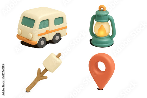 Outdoor camping icons: camper van, lantern, marshmallow, location pin. Modern 3D Icon Set