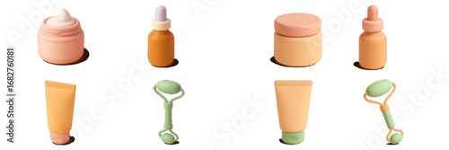 Cosmetic bottles and facial rollers in pastel colors. Modern 3D Icon Set