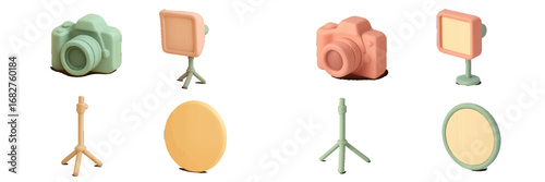 Photography equipment: cameras, ring lights, tripods, reflectors. Modern 3D Icon Set