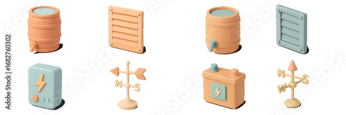 Isometric 3D icons for farm and energy elements. Modern 3D Icon Set