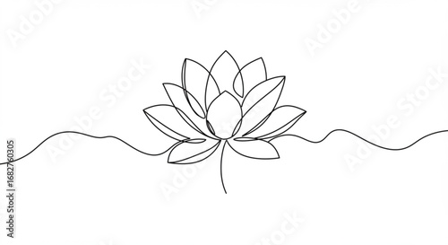 Elegant single line drawing of a blooming lotus flower with delicate wavy lines