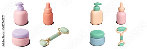 Pastel Skincare Bottles and Jade Rollers Isometric View. Modern 3D Icon Set