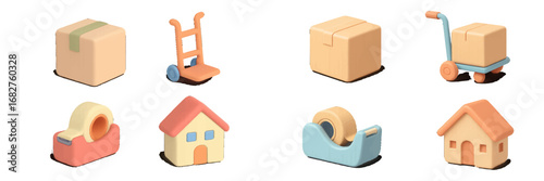 Moving and delivery service icons, boxes, hand trucks, tape dispensers, houses. Modern 3D Icon Set