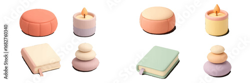 Pastel home decor objects: candles, books, stacked stones, pouf. Modern 3D Icon Set