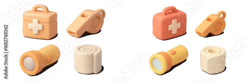 First Aid Kit, Whistle, Flashlight, Bandage Icons. Modern 3D Icon Set