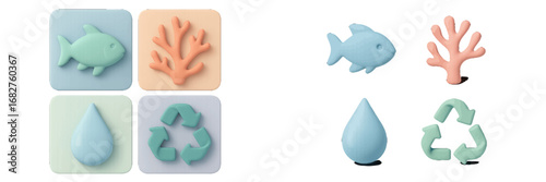Pastel icons of marine life, water drop, and recycling symbol. Modern 3D Icon Set
