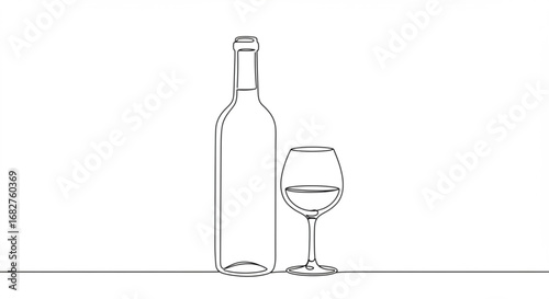 Elegant single line drawing of wine bottle and glass offers sophisticated beverage enjoyment and celebration moments