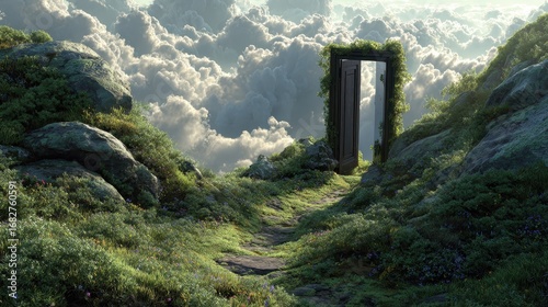 Doorway to Heaven A mystical path leads to an open door above the clouds