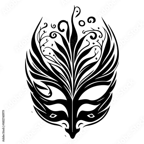 Stylized decorative feathered mask design illustration black ink art vector element masquerade