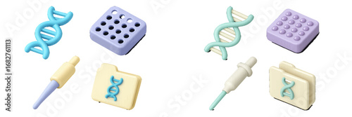 DNA helix, pipette, lab tray icons for genetics and science research. Modern 3D Icon Set