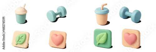 Healthy lifestyle symbols: smoothie, dumbbells, leaf, and heart. Modern 3D Icon Set