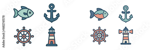 Nautical Symbols: Fish, Anchor, Ship Wheel, Lighthouse. Modern 3D Icon Set