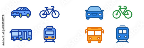 Stylized vehicles: cars, bicycles, buses, trains in flat design. Modern 3D Icon Set