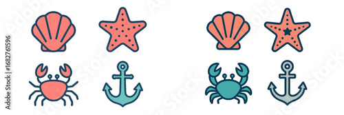 Marine life and nautical symbols: shells, starfish, crabs, anchors. Modern 3D Icon Set