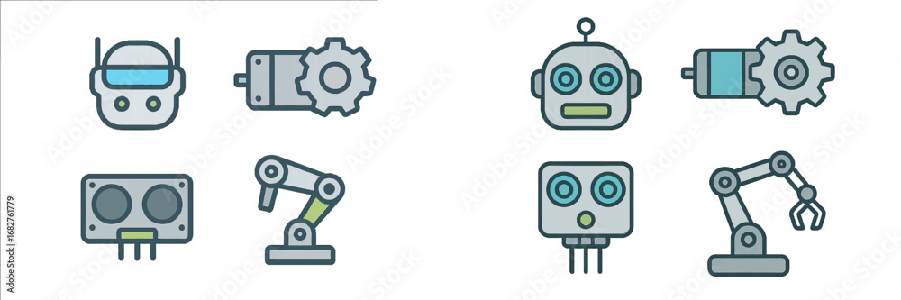 Fototapeta premium Robotic components and mechanical parts, abstract technology and automation elements. Modern 3D Icon Set