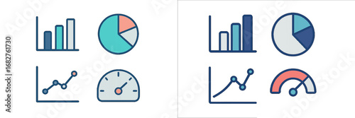 Business analytics charts and graphs with progress indicators. Modern 3D Icon Set