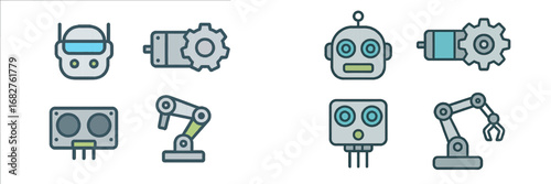 Robotic components and mechanical parts, abstract technology and automation elements. Modern 3D Icon Set