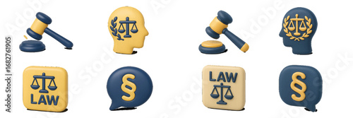 Gavel, Scales, Paragraph Symbol, and Head Silhouette for Law and Justice. Modern 3D Icon Set