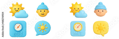 Weather icons: sun, cloud, barometer for forecasting. Modern 3D Icon Set