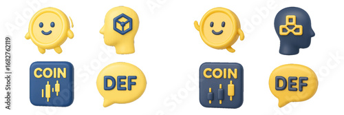 Digital currency and finance trading charts with human head icons. Modern 3D Icon Set