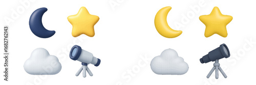 Stylized celestial bodies and astronomical equipment on dark background. Modern 3D Icon Set