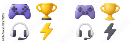 Gaming icons with controller, headphones, trophy, and lightning bolt. Modern 3D Icon Set