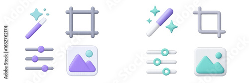 Creative editing tools and image adjustment sliders with graphic elements. Modern 3D Icon Set
