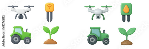 Modern farming technology with drone, tractor, and soil sensor icons. Modern 3D Icon Set