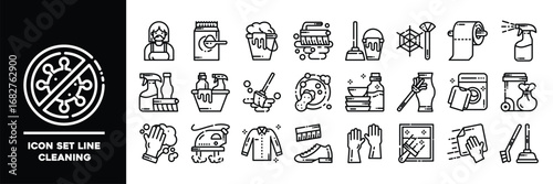 Line Icon Set Depicting Cleaning and Hygiene Equipment and Supplies.