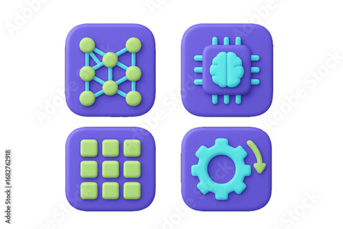 Abstract technology icons: neural network, brain chip, grid, gear with arrow. Modern 3D Icon Set